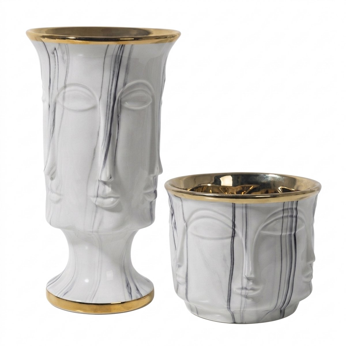 COZELLA® Volto Duo Keramische Vaas Set met Gezicht – Marmerlook Gouden Rand – Decoratie Woonkamer