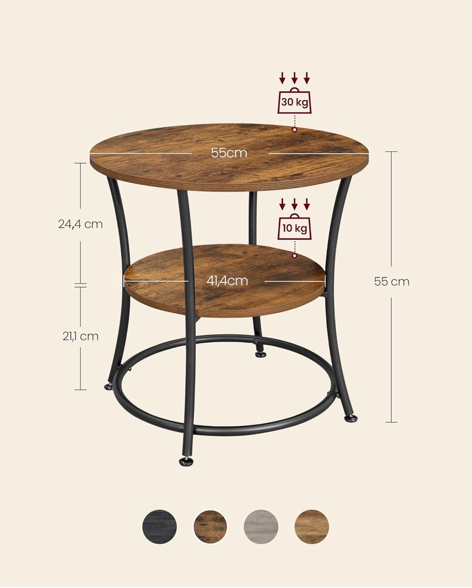Bijzettafel rond met 2 planken - 55x55x55 cm - Zwart - planken – Industriële salontafel vintage - Medahomestore