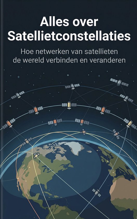 Couverture de livre avec le titre 'Alles over Satellietconstellaties'. Une illustration de la Terre entourée de satellites sur différentes orbites.