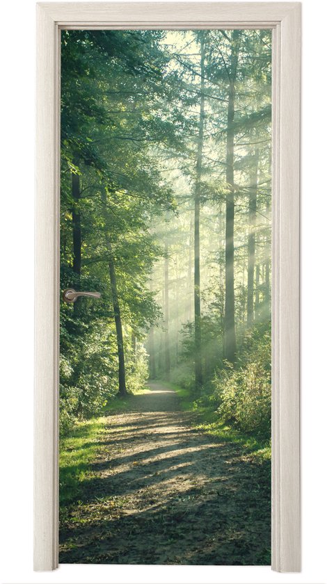 Deurposter 85x205 cm - Deursticker Bos - Pad - Zon - Bomen - Groen - Natuur - Meubelfolie zelfklevend - Deurfolie woonkamer - Interieurfolie fotobehang - Deur plakfolie - Deurstickers - Deurbehang sticker - Kamer decoratie