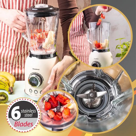 Klausberg - Blender - Smoothie Maker met LED Display - IJscrusher - Glazen Blender met 6 RVS Messen - Smoothie Blender met Timer - Keuken Blender 8 Snelheden - Crushed Ice Mixer - 1.5L - 600W - Crème van Merkloos — afbeelding 2