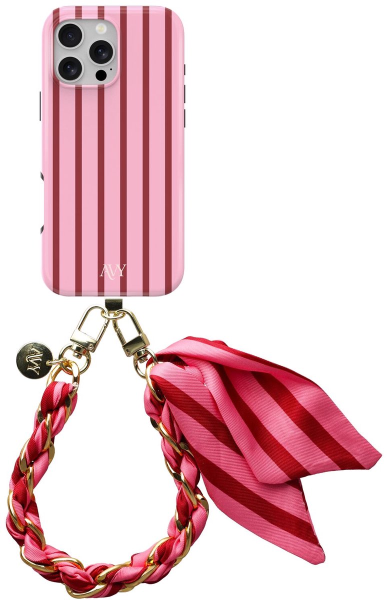 AVY Hoesje Met Telefoonkoord | Geschikt voor Apple iPhone 16 Pro | Compatibel met MagSafe | Hard Shell Back Cover | Stijlvol Bijpassend Koord 32CM | Linea Sol | Roze