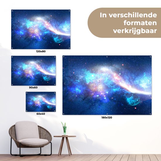 Tuinposter 90x60 cm - Tuindecoratie Heelal - Blauw - Sterren - Poster voor in de tuin - Buiten decoratie - Schutting tuinschilderij - Tuindoek muurdecoratie - Wanddecoratie balkondoek