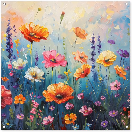 Tuinposter 100x100 cm - Tuindecoratie Bloemen - Natuur - Waterverf - Kunst - Poster voor in de tuin - Buiten decoratie - Schutting tuinschilderij - Tuindoek muurdecoratie - Wanddecoratie balkondoek