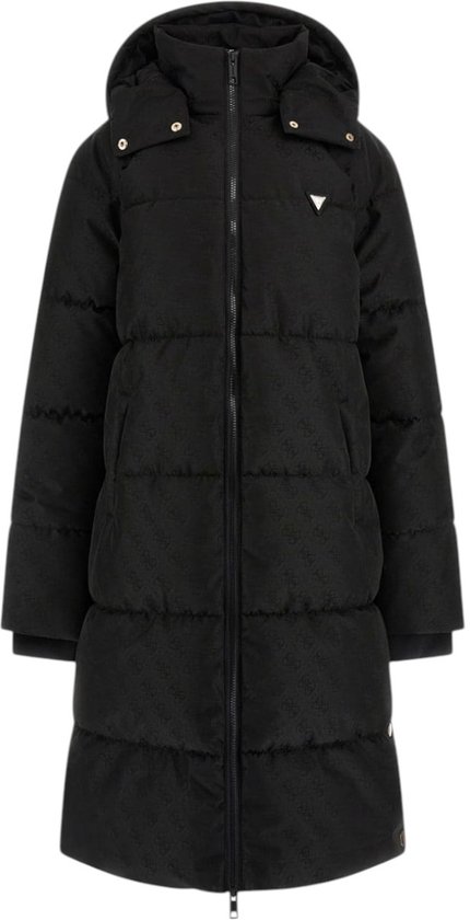 Zwarte Guess lange puffer jas met capuchon, all-over 4G logo print en zilverkleurig driehoeklogo op de borst.
