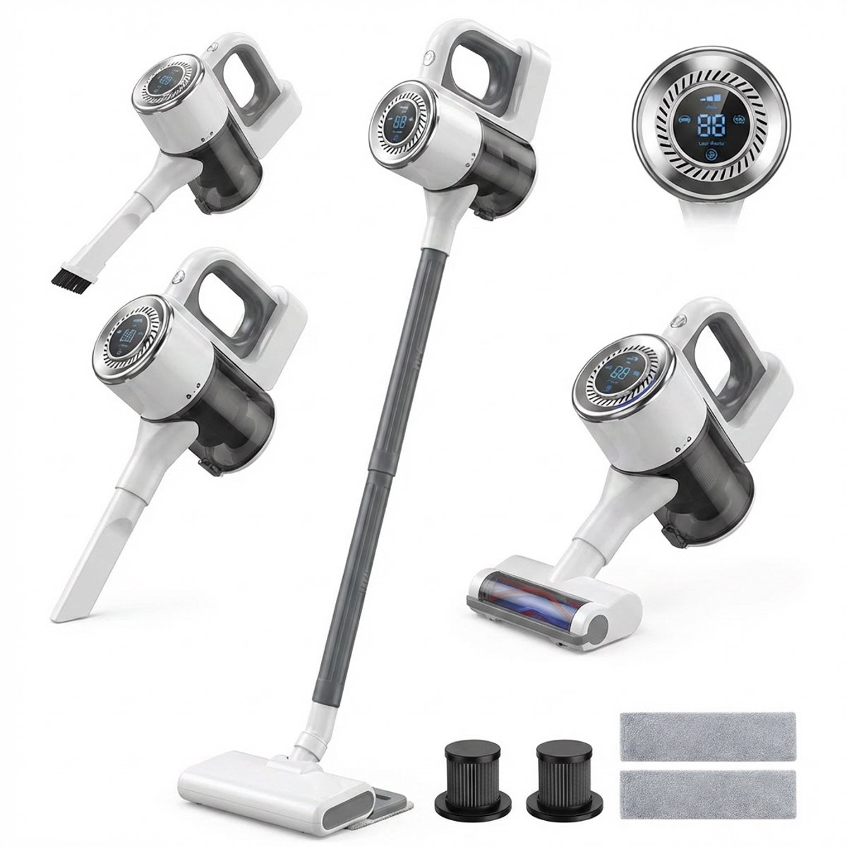 Draadloze steelstofzuiger - 15000 Pa - 4 in 1 - HEPA - 30 min - Incl. 2x HEPA-filter & 2x Dweilpads - Wit — afbeelding 1