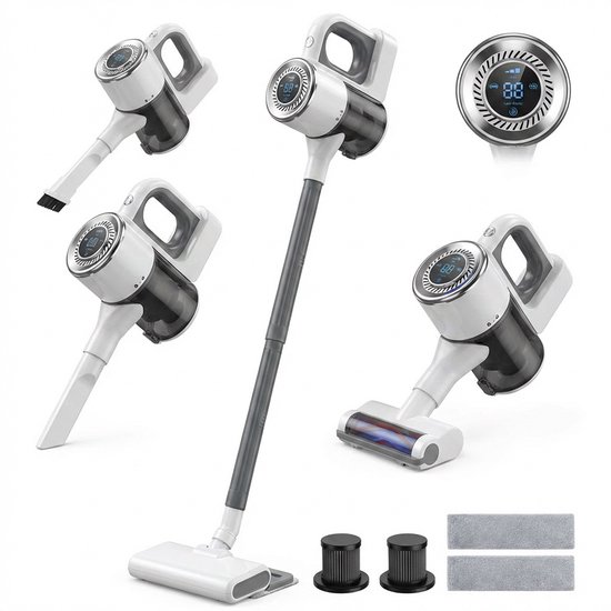 Draadloze steelstofzuiger - 15000 Pa - 4 in 1 - HEPA - 30 min - Incl. 2x HEPA-filter & 2x Dweilpads - Wit