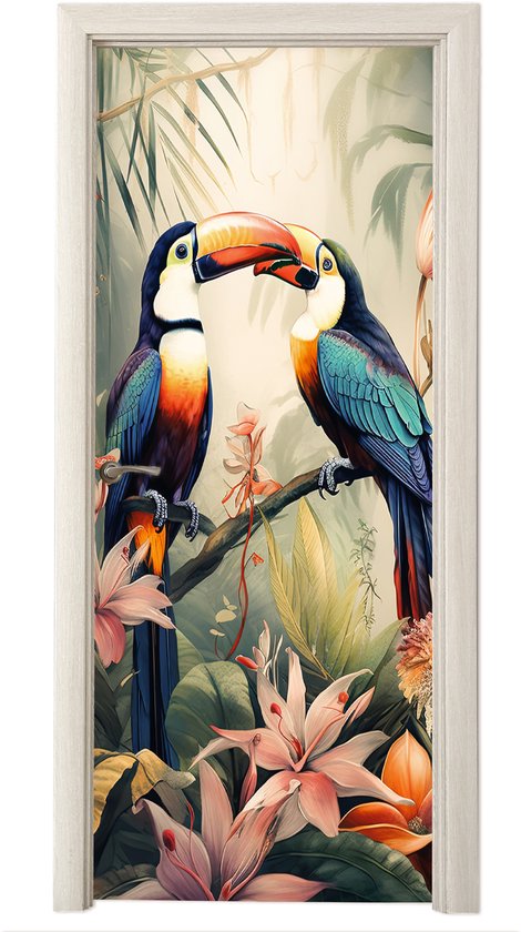 Deurposter 95x215 cm - Deursticker Toekan - Vogels - Bloemen - Natuur - Jungle - Meubelfolie zelfklevend - Deurfolie woonkamer - Interieurfolie fotobehang - Deur plakfolie - Deurstickers - Deurbehang sticker - Kamer decoratie