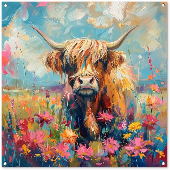 Tuinposter 100x100 cm - Tuindecoratie Schotse hooglander - Natuur - Kleurrijk - Bloemen - Poster voor in de tuin - Buiten decoratie - Schutting tuinschilderij - Tuindoek muurdecoratie - Wanddecoratie balkondoek