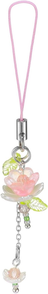 Handgemaakte telefoonketting met roze bloemen, kralen en lotusdecor voor vrouwen, Y2K sleutelhanger, taspendant en cadeau-idee
