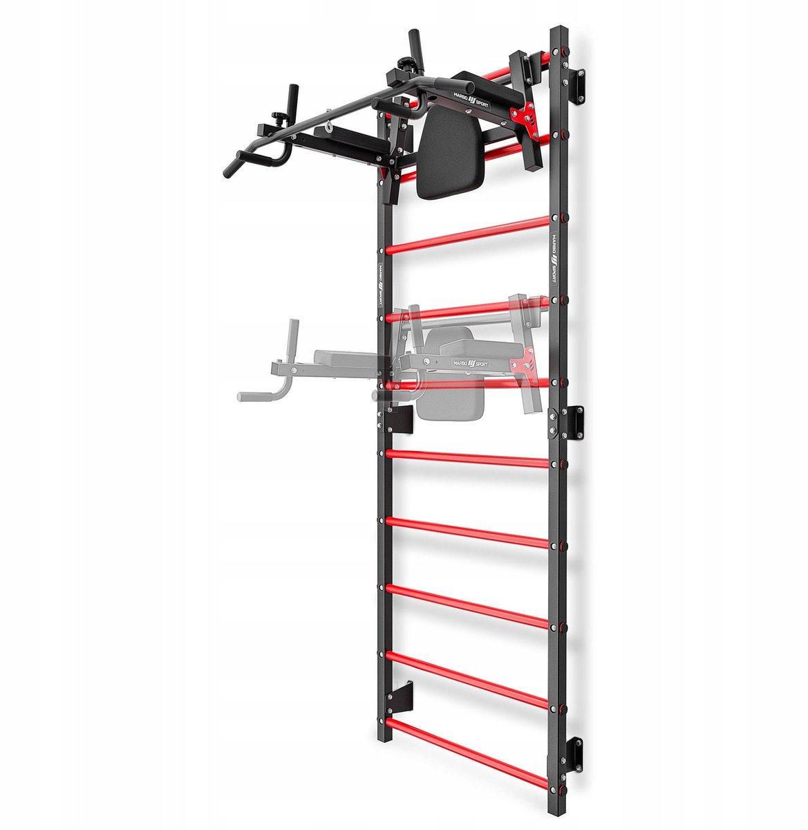 Marbo Sport - Gymnastiekrek - Wall Bar - MH-U204 - 230 x 81 cm - Metalen wandrek voor fitness en revalidatie - Thuisgym en Home Gym - Rood-zwart