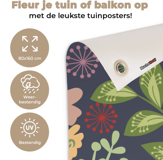 Tuinposter 80x160 cm - Tuindecoratie Een bloemdessin illustratie met veel kleur - Poster voor in de tuin - Buiten decoratie - Schutting tuinschilderij - Tuindoek muurdecoratie - Wanddecoratie balkondoek