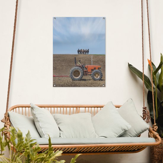 Tableau jardin Fermier avec tracteur et chevaux - 60x80 cm - Affiche jardin - Toile jardin - Affiche extérieur