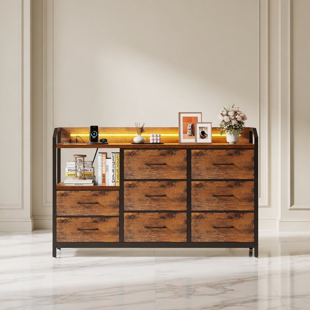 Luxe LED Ladekast met 8 Stoffen Laden – Industrieel Vintage Commode met USB & Stopcontacten, Oplaadstation, 10 Kleur LED Verlichting – 110 x 30 x 88 cm – Slaapkamer & Woonkamer OpbergkastMobili Bella