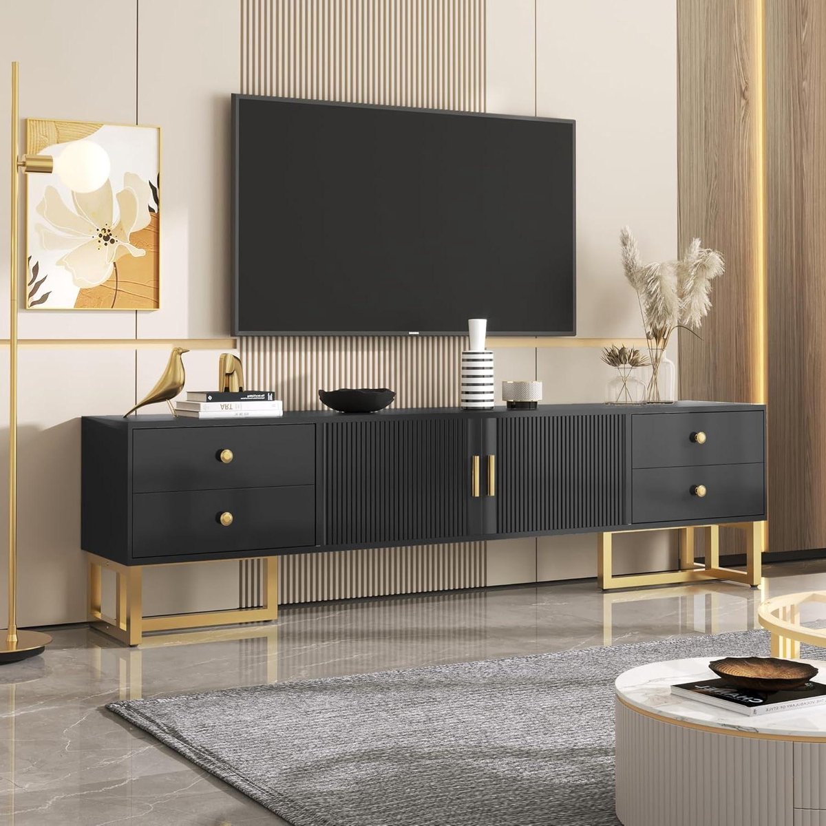 TV-kast - Tv meubel - Opbergen Woonkamer - Gestructureerde Deur - 175 x 30 x 46 cm - Zwart