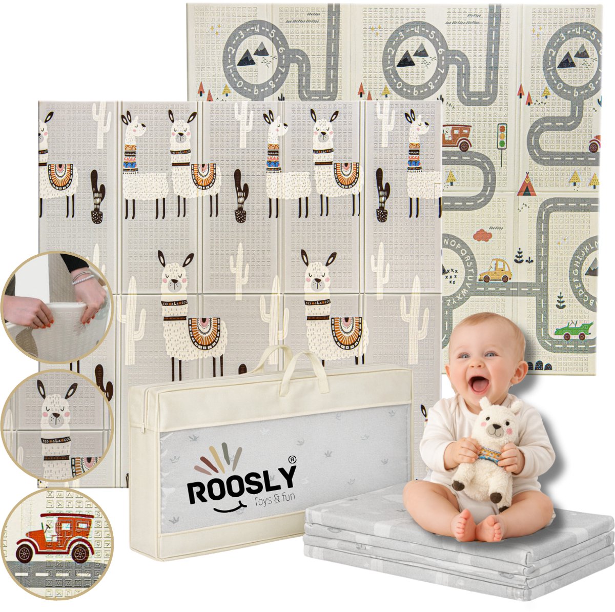 Roosly Speelmat Baby - Speelkleed Baby - Inclusief Opbergtas - babygym - kruipmat - playmat - Dubbelzijdig en opvouwbare Foam XPE 180 x 200 cm - speelgoed - Veilig & Zacht - model Llama