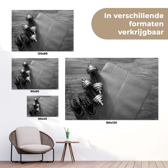 Affiche de jardin Les deux poids et chaussures de sport sont prêts pour le fitness - noir et blanc - 120x80 cm - Jardin