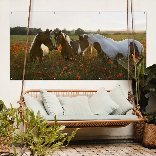 Affiche de clôture Paarden - Fleurs - Soleil - 200x100 cm - Toile de jardin