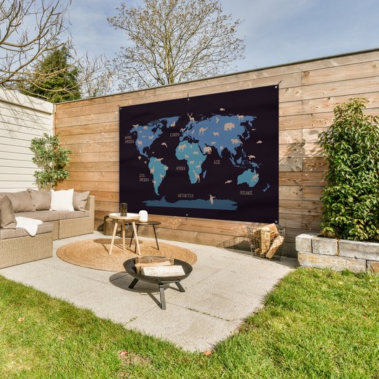 Carte du monde simple avec des animaux aux couleurs flexa Poster de jardin 180x120 cm XXL / Groot format!
