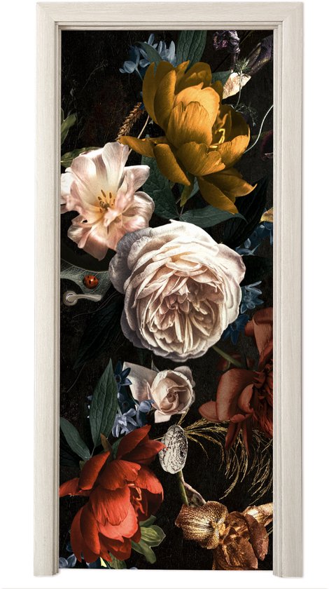 Deurposter met donker achtergrond en veelkleurige bloemen, waaronder rode, roze en gele rozen en tulpen.