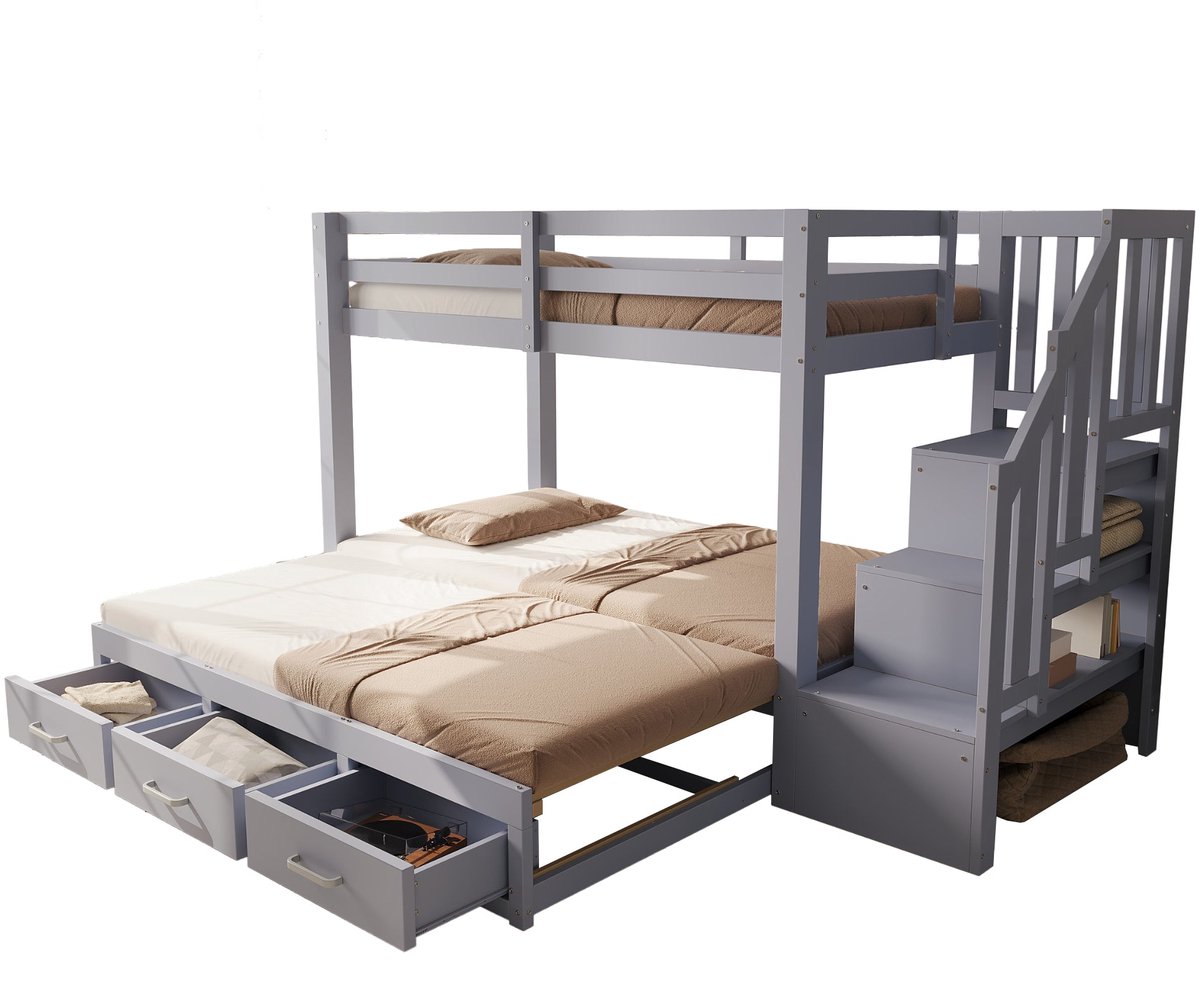 Merax Stapelbed voor Kinderen 90x200 - Uitschuifbed 90x190 tot 180x190 - Bed met Opbergruimte - Trap met Kast - Houten Lattenbodem - Grijs