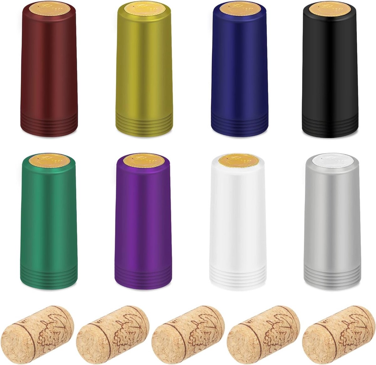 190 Stuks PVC Krimp Capsules en Wijnkurken Set, 8 Kleuren Krimpfolie en 30 Natuurlijke Wijnkurken voor Wijnflessen, Stoppen en Creatieve Projecten