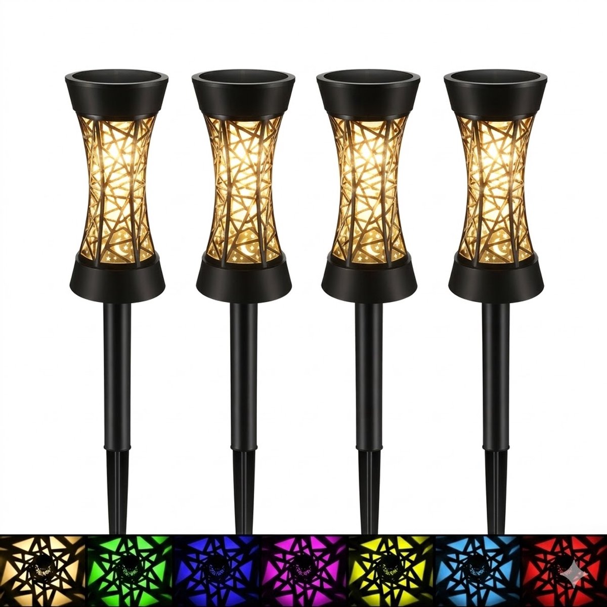 Solar Tuinlampen Set van 4 – Krachtige LED Buitenlampen met Warm Wit & RGB – Waterdicht IP