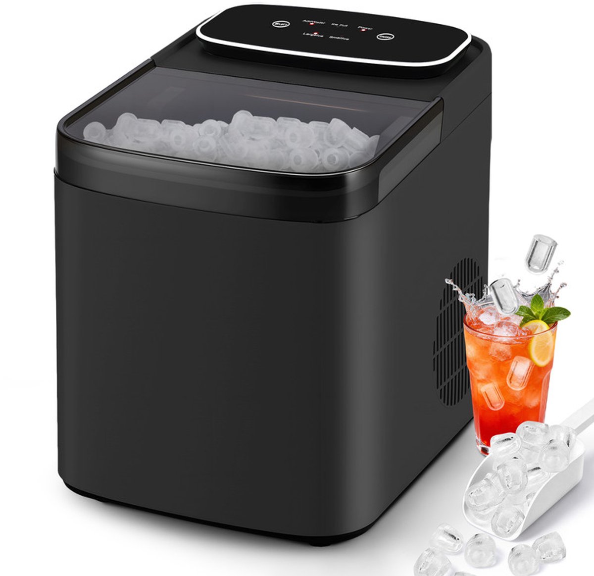 Glitzerlife - Ijsblokjesmachine IJsmachine - Compact Stil - Snel Ijs in 6 Min - Zelfreinigend - 14kg/24u Capaciteit - 1.3L Watertank - Zwart
