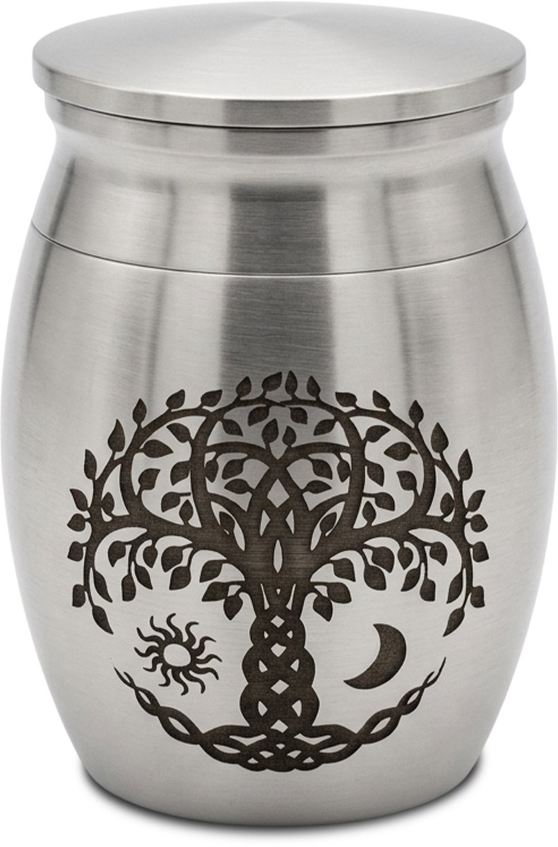 Akerz Mini Urn Levensboom Zilver – Herinneringsurn voor As – Aluminium – Inclusief Beschermzakje – Schroefdeksel – 4 cm