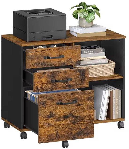 Zij-aanzicht van een bureau met vintage bruine ladekast met 3 laden, open vakken en printer.