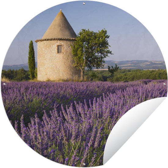 Tuincirkel Ronde toren bij lavendelveld in Frankrijk - 60x60 cm - Ronde Tuinposter - Buiten