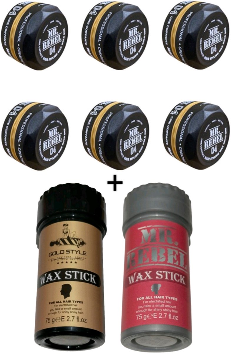 Mr Rebel 04 Haar styling wax Gold "voordeelpak" (6 stuks) 900ml + goldstyle en mr.rebel waxstick 2x 75 gram