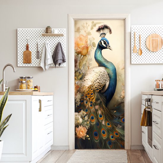 Sticker porte Paon - Plumes de paon - Fleurs - Vogels - Botanique - 80x205 cm - Poster porte