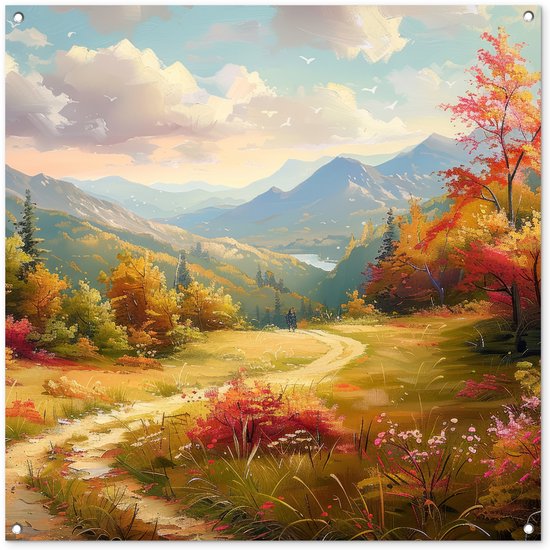 Tuinposter 100x100 cm - Tuindecoratie Landschap - Illustratie - Natuur - Poster voor in de tuin - Buiten decoratie - Schutting tuinschilderij - Tuindoek muurdecoratie - Wanddecoratie balkondoek