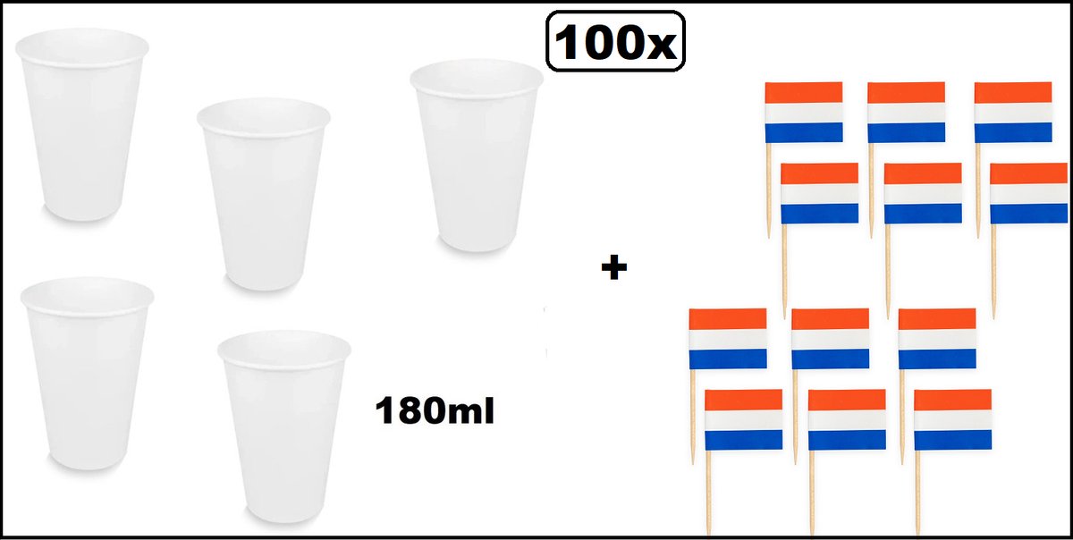 100x Beker karton wit 180ml + 100x cocktail vlagprikker rood/wit/blauw - Holland Koningsdag WK limonade thee soep fris drank thema feest festival chocomel yogi party snacks