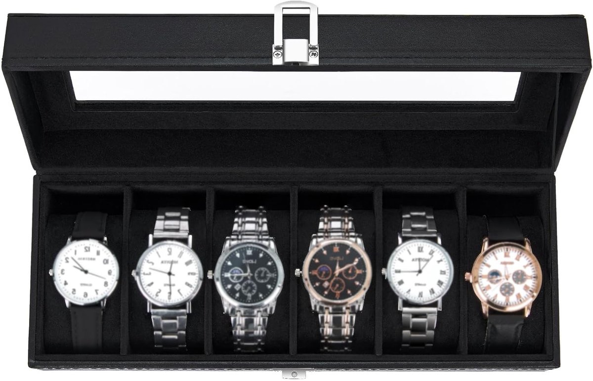 Elegante horloge-opbergdoos met glazen deksel, 6 slots PU leren horlogehouder, perfect als cadeau voor Valentijnsdag of verjaardag, zwart