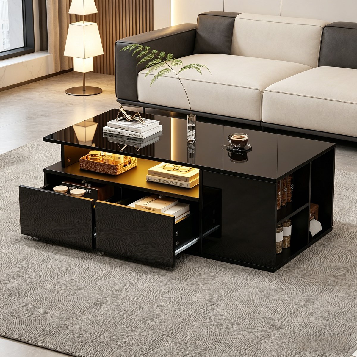 Pugsdrly 100*50*35 cm salontafel met LED, salontafel, salontafel met 2 lades, salontafel met een totaal draagvermogen van 60 kg, zwarte salontafel met veel opbergruimte