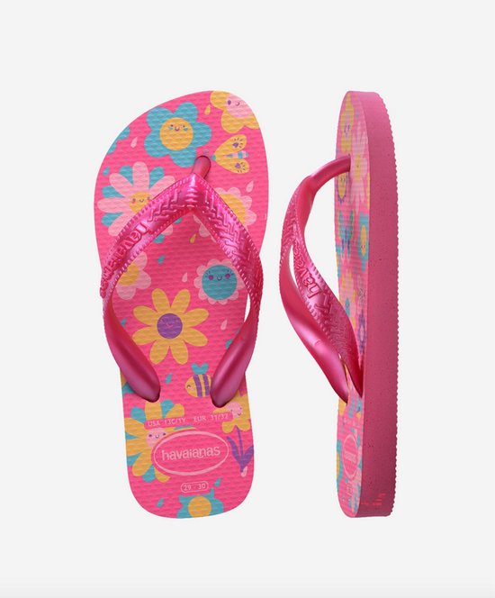 Paire de tongs Havaianas roses avec imprimé de fleurs et d'abeilles, brides brillantes.