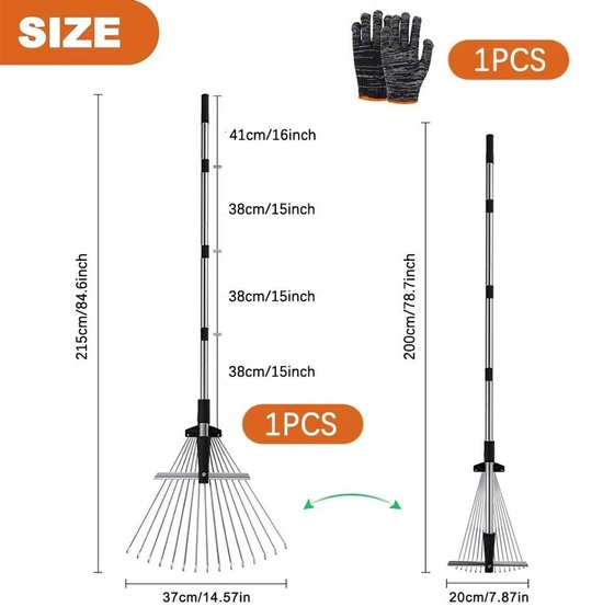 Dailygoody - Bladbezem - Tuinbezem voor bladeren - Verstelbaar en compact - 215 cm - Hark met handvat - Geschikt voor gazon en binnenplaatsen - Staal — afbeelding 3