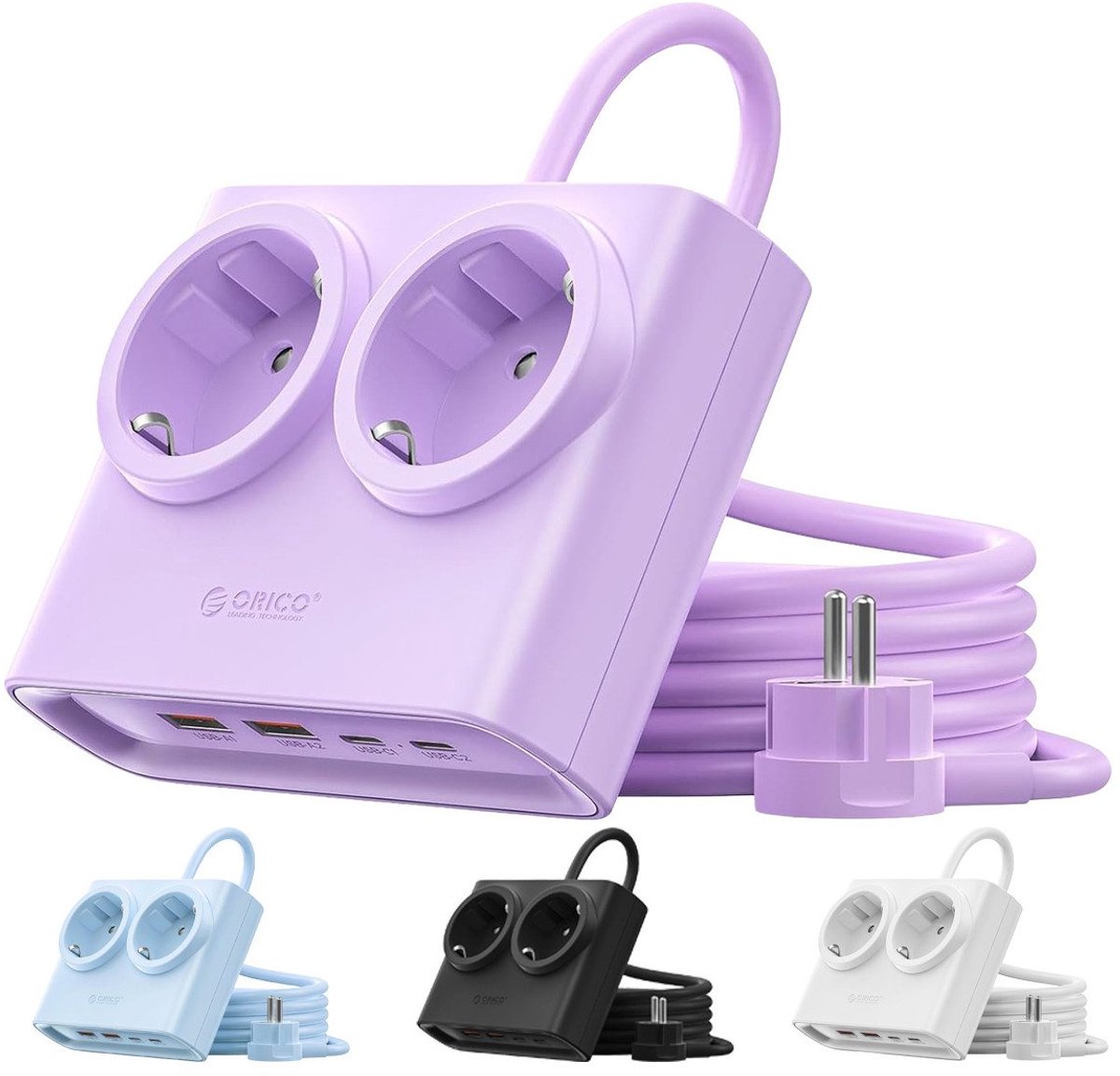ORICO PDC 25W - Stekkerdoos - GaN stekkerdoos – 6-in-1 platte stekker met stekkerdoos (2 stopcontacten + 4x USB met 2x USB-C PD) – Platte stekker 1,3 cm – 1,6 m kabel – 2500 W – Voor thuis & kantoor