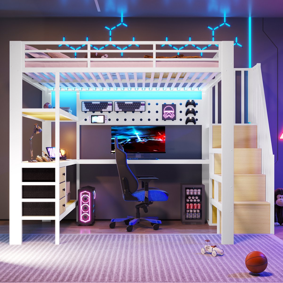 VVBV Ruimtebesparende Hoogslaper 140x200 cm - Lades, Bureau, Planken, LED-Verlichting - Metaal Wit - Zonder Matras White