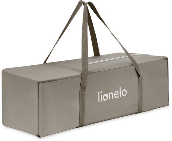 Beige draagtas voor reisbedje met Lionelo logo en handvatten.