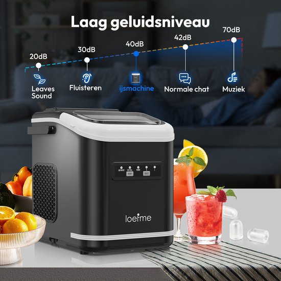 LOEFME IJsblokjesmachine - 1,4L - 12kg/24 uur - Bulletijs - IJsblokjesmaker - IJsschep, Ijsmand - Draagbaar - Zelfreinigingsfunctie - Zwart — afbeelding 5