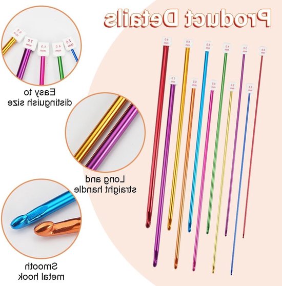 Set van 11 Tunisische Haaknaalden van 27 cm, Kleurige Aluminium Haaknaalden voor Beginners, Inclusief Accessoires, Ideaal voor Tunisch Haken en Breien, Maten 2mm - 8mm — afbeelding 5