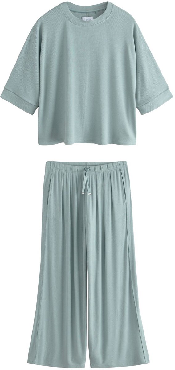 Next - Dames - Geribbelde pyjama met korte mouwen - Blauw