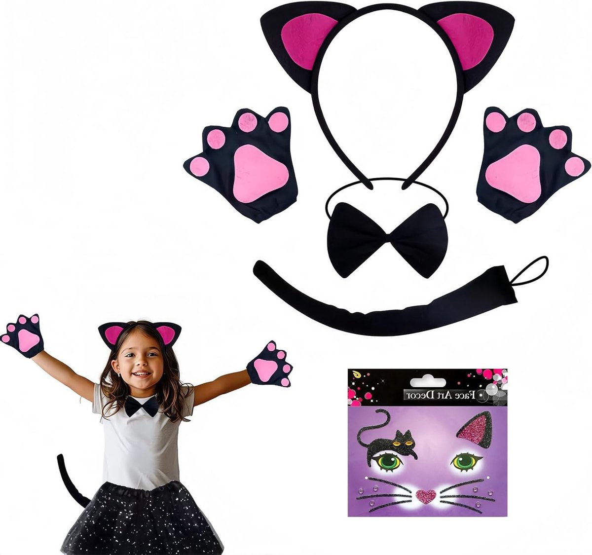 Vrouwelijk kattenkostuum met oortjes, haarband, strik, handschoenen, staart en gezichtssticker voor carnaval, Halloween en cosplay feestjes