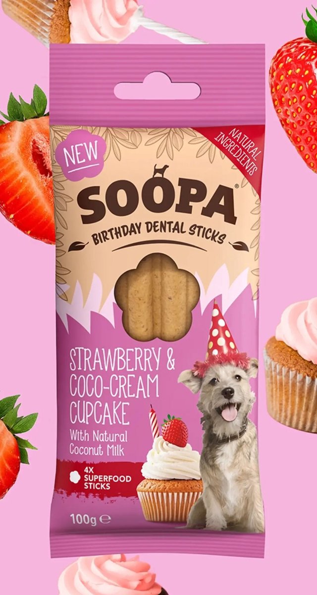 Soopa gezonde Dental Sticks voor honden - Strawberry & Coco Cream Cupcake - Birthday edition