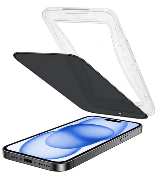 Een privacy screenprotector en een installatieframe zweven boven een iPhone 15.