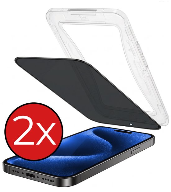 Twee privacy screenprotectors, een installatieframe en een iPhone.