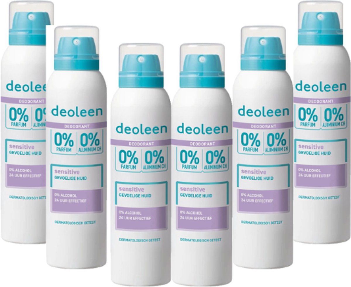 Deoleen 0% Aluminium - Deodorant Sensitive - 24 uur effectieve bescherming - 0% parfum & 0% alcohol - Dermatologisch getest - Anti-witte strepen -voordeelverpakking 6 x 150 ml